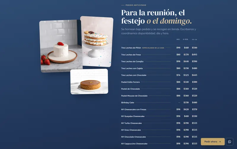 Sección de precios y pedidos